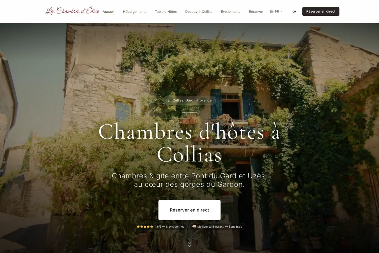 The website for Les Chambres d'Élise, a guesthouse in the Gard