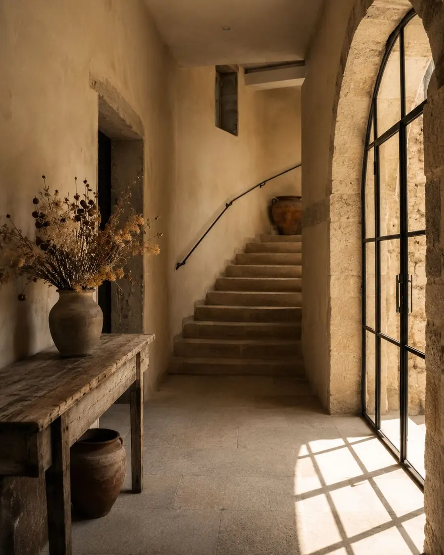 Stone entrance hall of a guesthouse, staircase and steel-framed glass door
