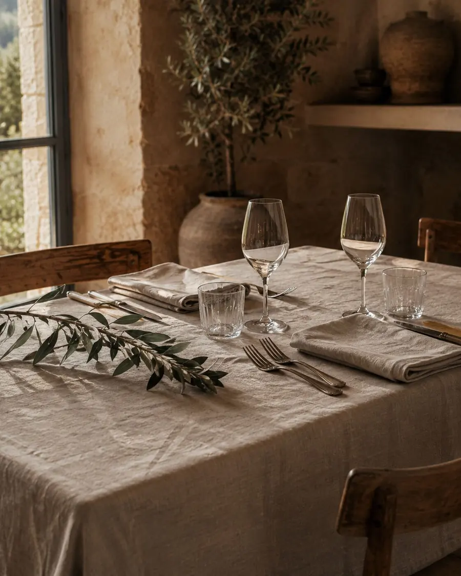 Table set with linen, glasses and an olive branch in raking light