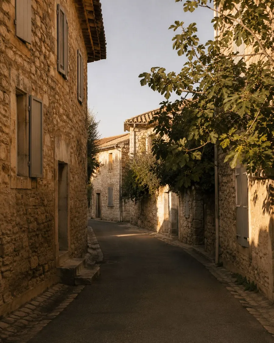Lane in a Provence village in late afternoon, stone walls and a fig tree