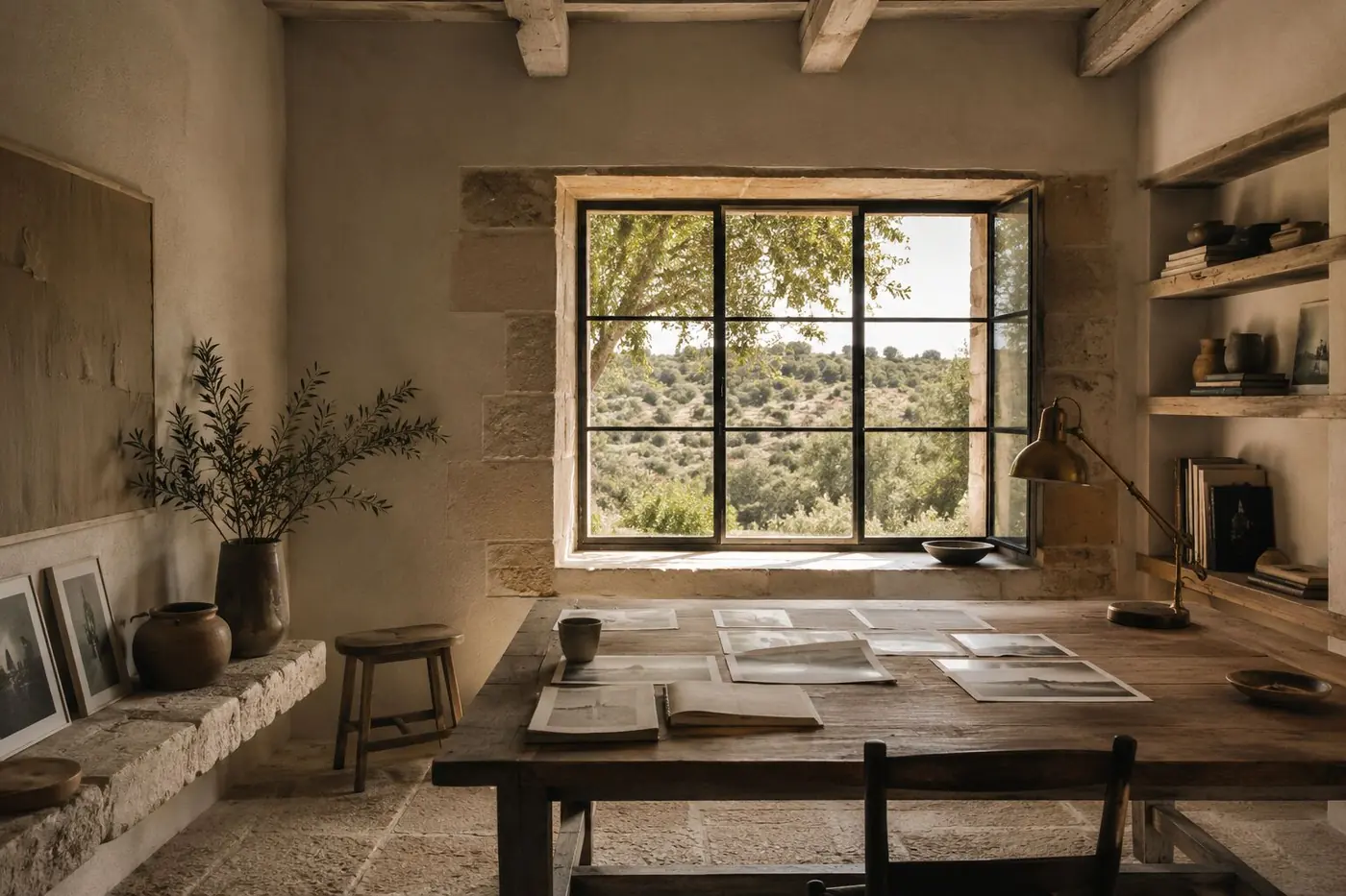 Table de travail du studio dans une bâtisse en pierre, fenêtre ouverte sur la garrigue